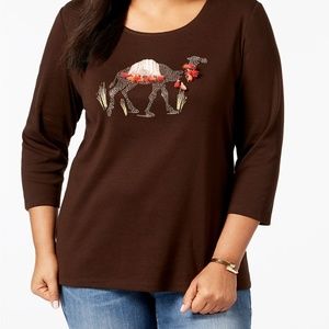 XS Karen Scott Cotton Camel-Graphic Long Sleeve